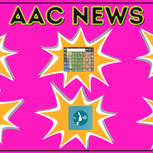 Text saying AAC News, outlined flashy visuals of AAC now, TD snap, proloquo app and display, speak for yourself display, ASHA logo, and grid 3 display