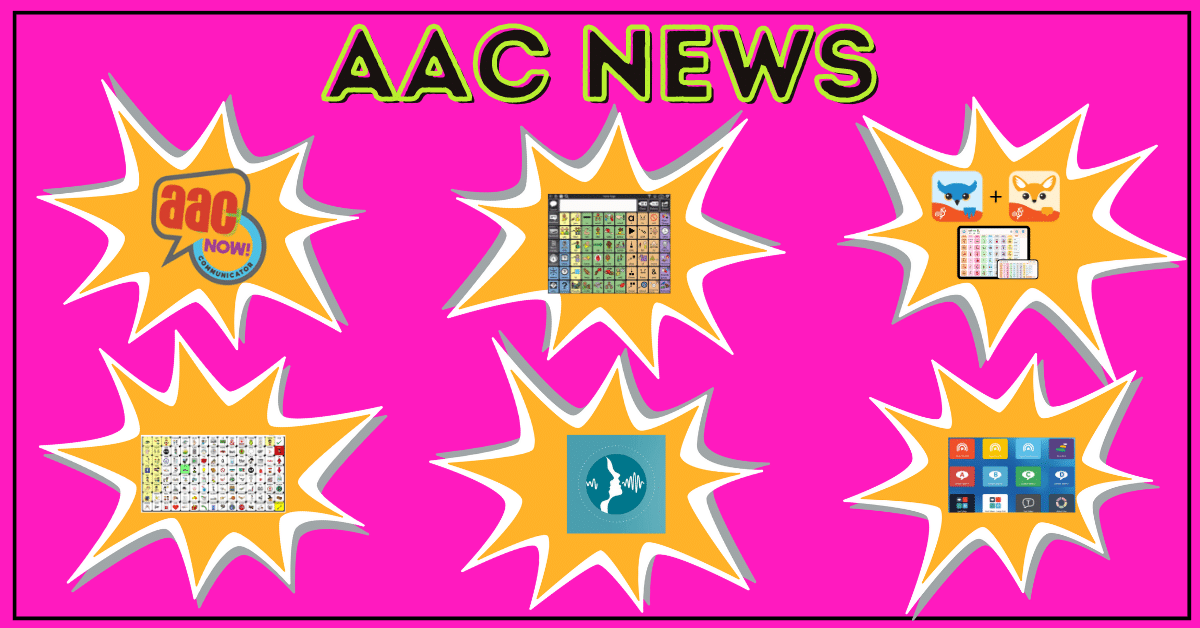 Text saying AAC News, outlined flashy visuals of AAC now, TD snap, proloquo app and display, speak for yourself display, ASHA logo, and grid 3 display