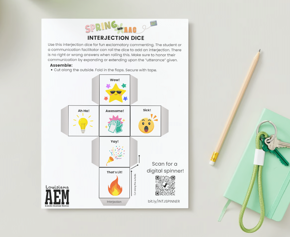 Printable for Interjection Dice for Spring into AAC