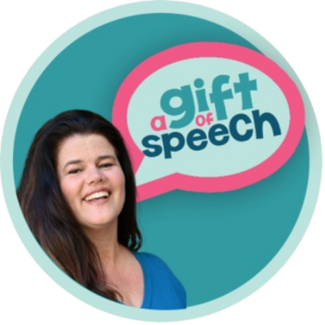 blue bubble with picture of shannon archer and a speech bubble saying a gift of speech