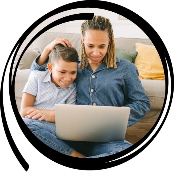 parent with child looking at online resources